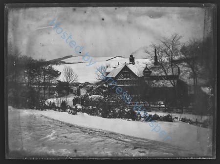 Snow Scene Croslands Park, tudor style House at the bottom — Negative
