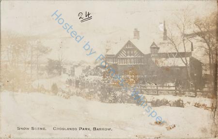 Snow Scene Croslands Park, tudor style House at the bottom — Postcard