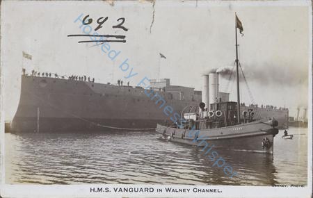 Warship Launch Of HMS Vanguard and tug Furness — Nowstalgia Gallery